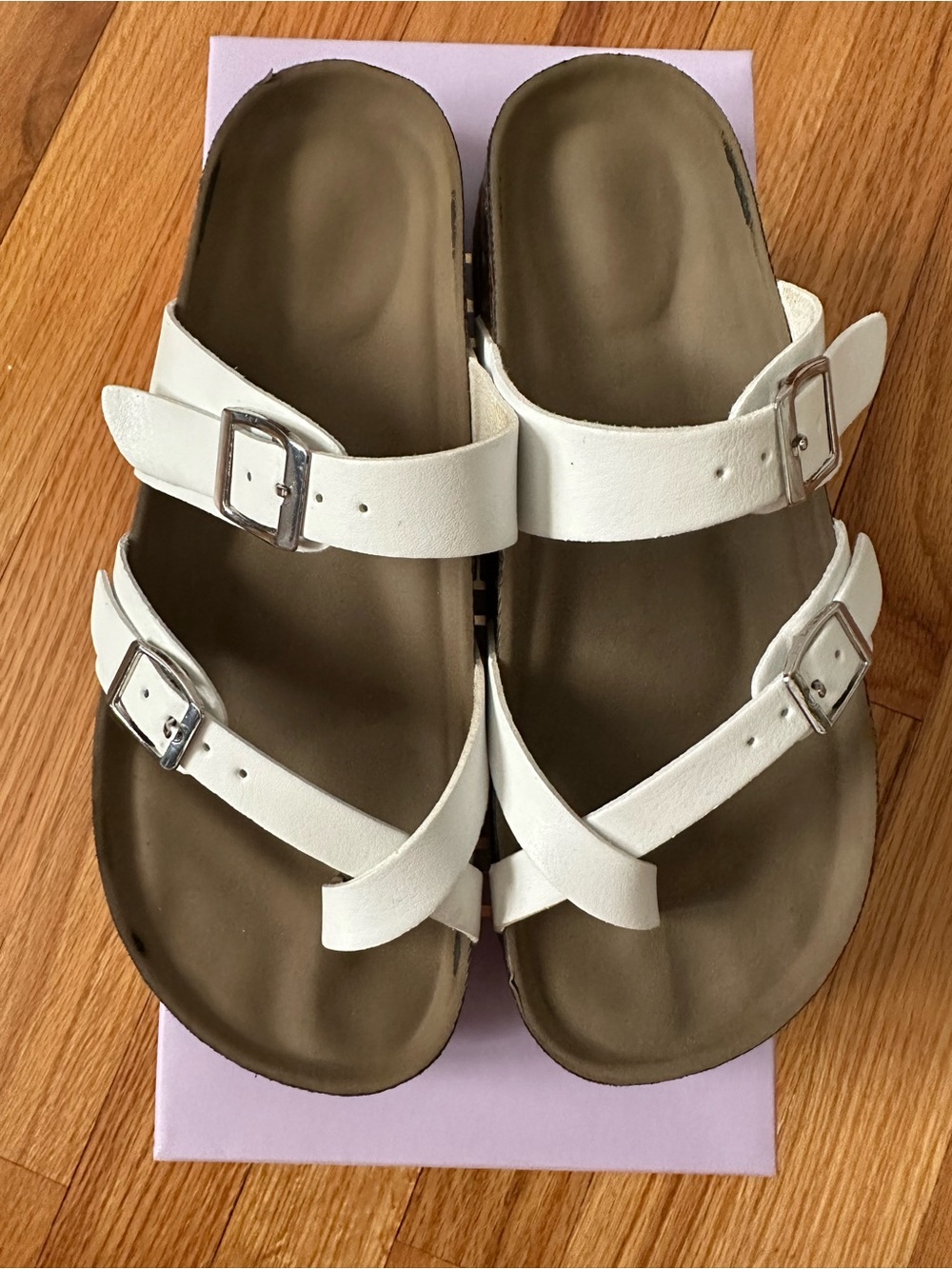 Madden Girl White Double-Buckle Leather Slide Sandals